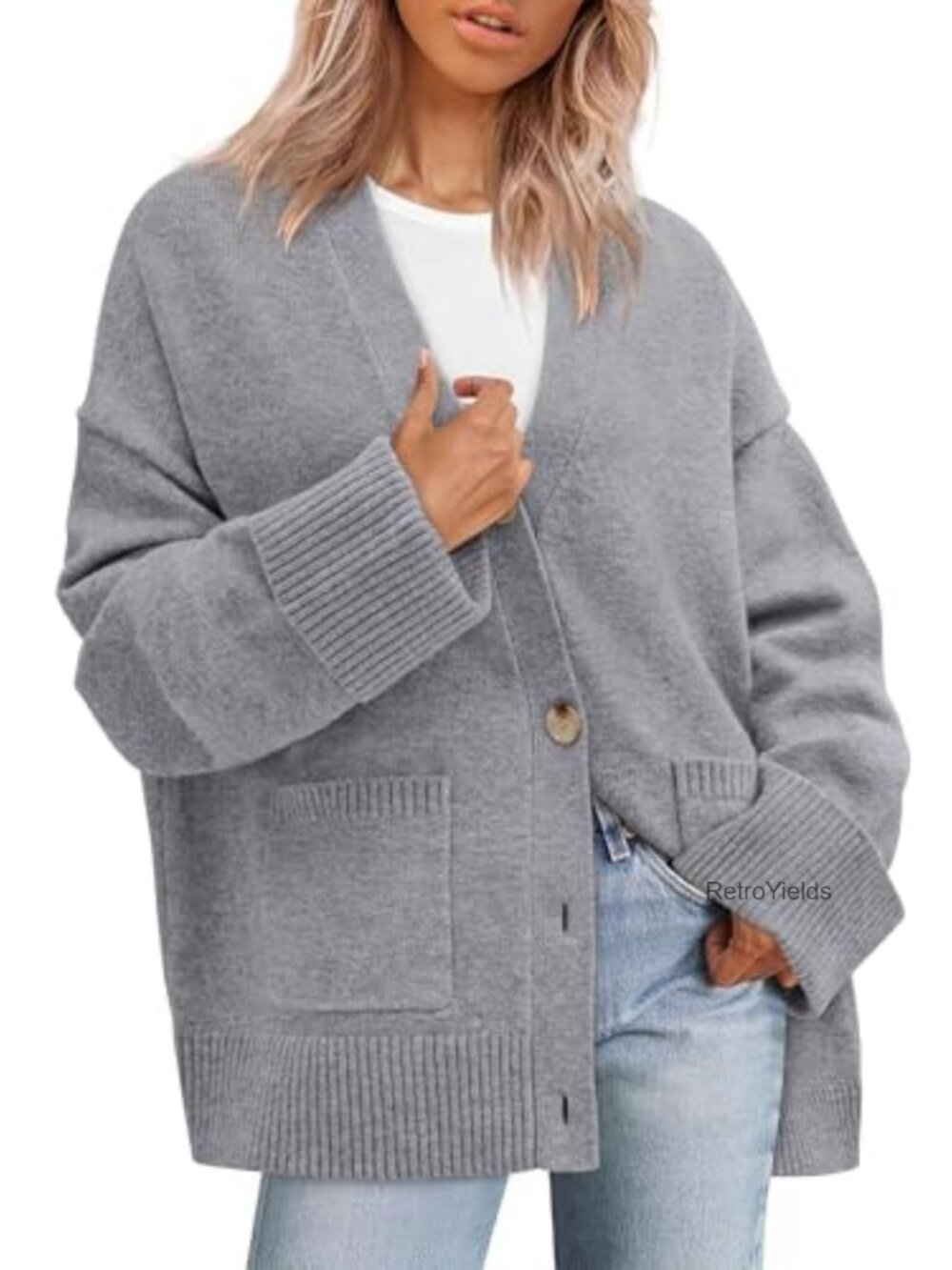 Oversized Chunky Knit V-Neck Cardigan Sweater with Pockets
